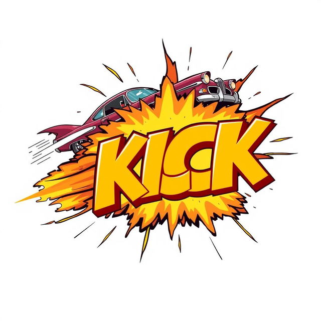 An exhilarating scene featuring a retro car zooming by and then dramatically exploding into the word 'KICK', displayed in a large, bold 3D font