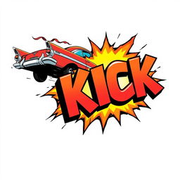 An exhilarating scene featuring a retro car zooming by and then dramatically exploding into the word 'KICK', displayed in a large, bold 3D font