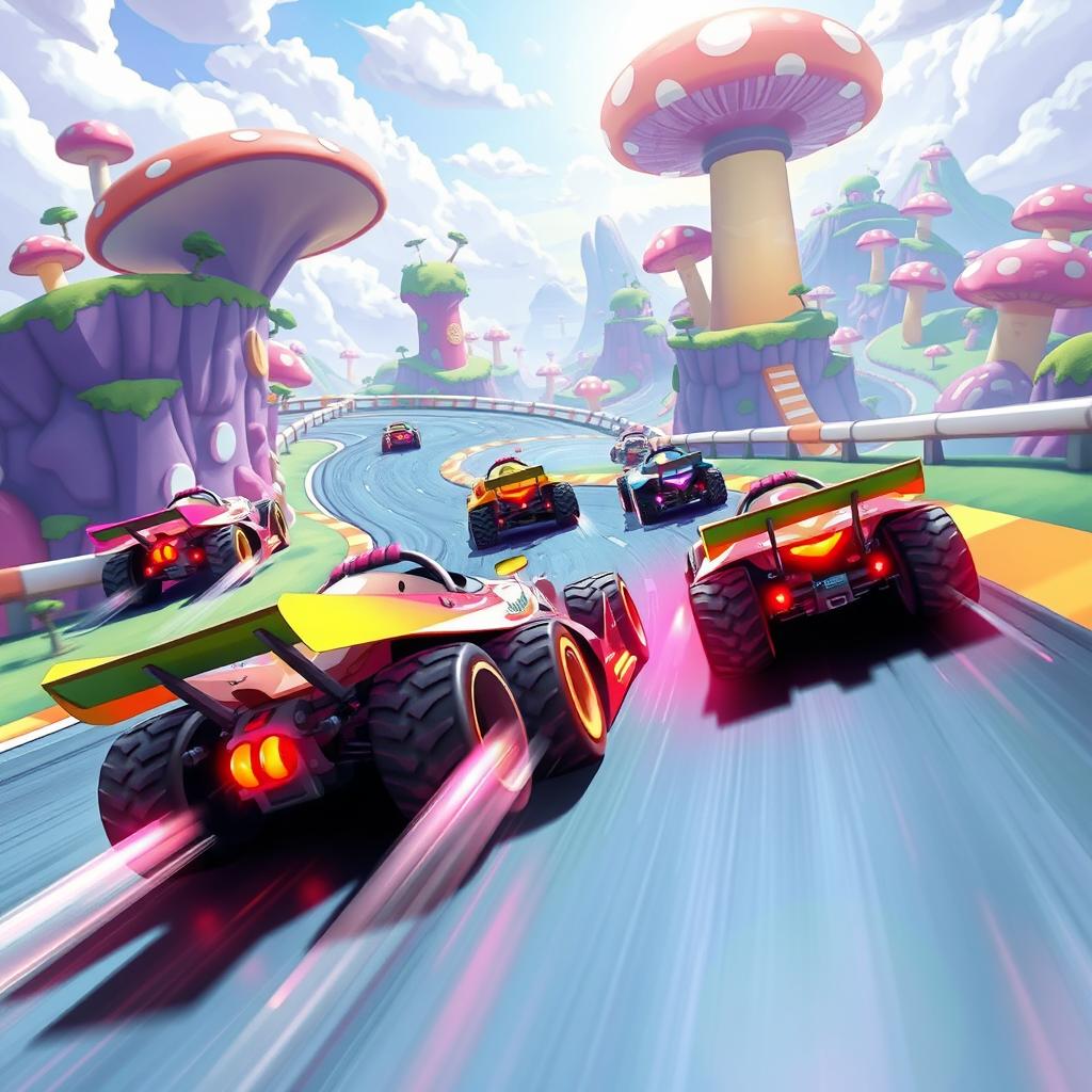 A thrilling racing scene rendered in a vibrant game art style, featuring stylized race cars with exaggerated designs and bold colors speeding around a digital track filled with sharp turns and dynamic obstacles