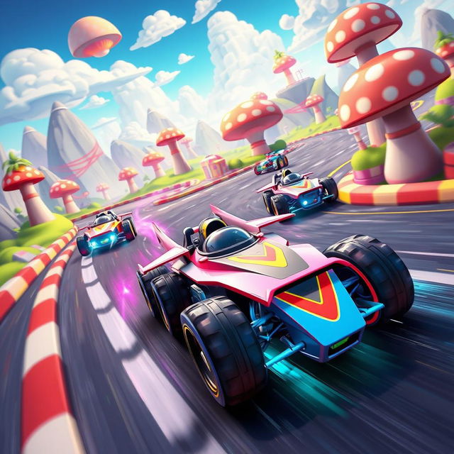 A thrilling racing scene rendered in a vibrant game art style, featuring stylized race cars with exaggerated designs and bold colors speeding around a digital track filled with sharp turns and dynamic obstacles