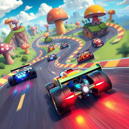 A thrilling racing scene rendered in a vibrant game art style, featuring stylized race cars with exaggerated designs and bold colors speeding around a digital track filled with sharp turns and dynamic obstacles