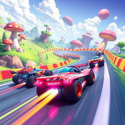 A thrilling racing scene rendered in a vibrant game art style, featuring stylized race cars with exaggerated designs and bold colors speeding around a digital track filled with sharp turns and dynamic obstacles