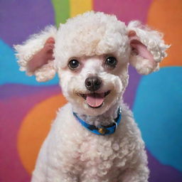 A Chinese Poodle drawn in the classic Popeye cartoon style, with exaggerated features and expressive eyes, placed in a colorful and vibrant background.