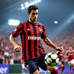 A professional football player in full AC Milan kit, showcasing their iconic red and black striped jersey with the club logo