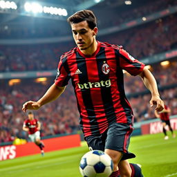 A professional football player in full AC Milan kit, showcasing their iconic red and black striped jersey with the club logo