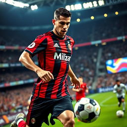 A professional football player in full AC Milan kit, showcasing their iconic red and black striped jersey with the club logo