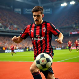 A professional football player in full AC Milan kit, showcasing their iconic red and black striped jersey with the club logo