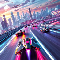 An exhilarating scene from a racing game, depicting a futuristic racing track filled with high-speed hover cars competing against each other