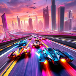 An exhilarating scene from a racing game, depicting a futuristic racing track filled with high-speed hover cars competing against each other