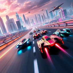 An exhilarating scene from a racing game, depicting a futuristic racing track filled with high-speed hover cars competing against each other