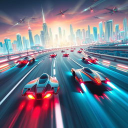 An exhilarating scene from a racing game, depicting a futuristic racing track filled with high-speed hover cars competing against each other