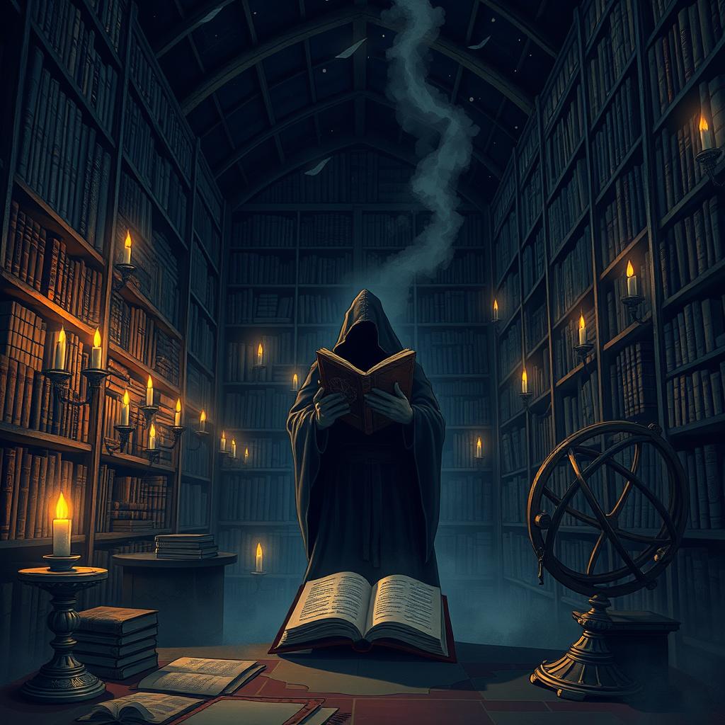 an enigmatic and atmospheric illustration depicting a mysterious ancient library filled with towering bookshelves