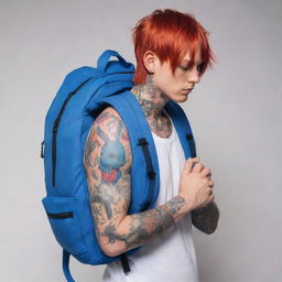 Generate a half-bodied male manga character with red hair covering his eyes, full of tattoos and carrying a blue rabbit-shaped backpack on his back, with his hands in a praying position.