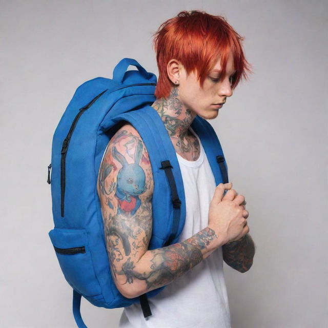 Generate a half-bodied male manga character with red hair covering his eyes, full of tattoos and carrying a blue rabbit-shaped backpack on his back, with his hands in a praying position.