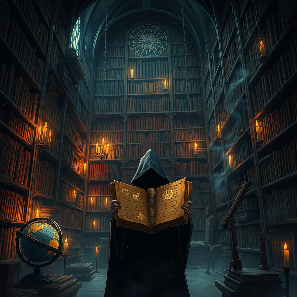 an enigmatic and atmospheric illustration depicting a mysterious ancient library filled with towering bookshelves