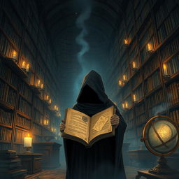 an enigmatic and atmospheric illustration depicting a mysterious ancient library filled with towering bookshelves