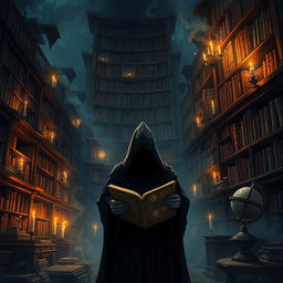 an enigmatic and atmospheric illustration depicting a mysterious ancient library filled with towering bookshelves