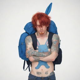 Generate a half-bodied male manga character with red hair covering his eyes, full of tattoos and carrying a blue rabbit-shaped backpack on his back, with his hands in a praying position.