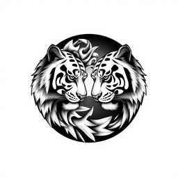 A striking black and white tattoo design featuring a yin yang symbol intricately composed of two realistic white tigers