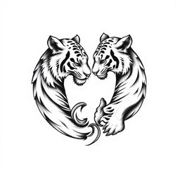 A striking black and white tattoo design featuring a yin yang symbol intricately composed of two realistic white tigers