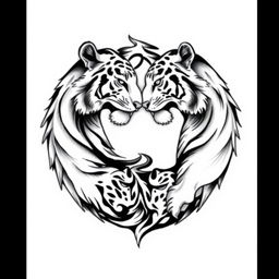 A striking black and white tattoo design featuring a yin yang symbol intricately composed of two realistic white tigers