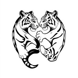 A striking black and white tattoo design featuring a yin yang symbol intricately composed of two realistic white tigers