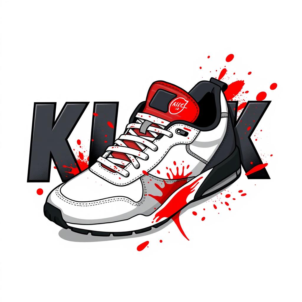 A detailed illustration of a single 2D sneaker design featuring a stylish combination of white, grey, black, and splashes of red resembling blood colors