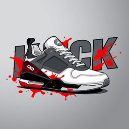 A detailed illustration of a single 2D sneaker design featuring a stylish combination of white, grey, black, and splashes of red resembling blood colors