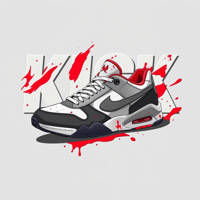 A detailed illustration of a single 2D sneaker design featuring a stylish combination of white, grey, black, and splashes of red resembling blood colors