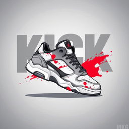 A detailed illustration of a single 2D sneaker design featuring a stylish combination of white, grey, black, and splashes of red resembling blood colors