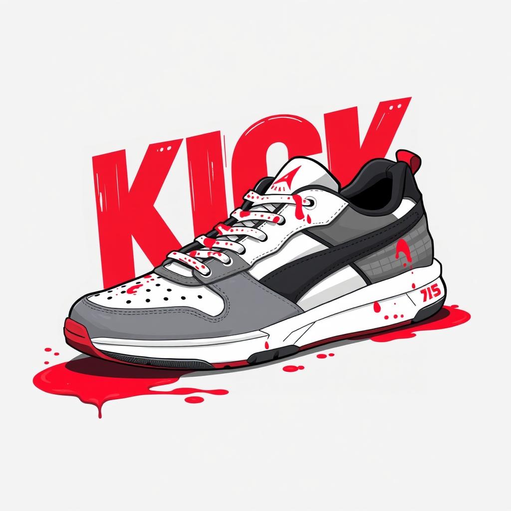 A detailed illustration of a single 2D sneaker design featuring a stylish combination of white, grey, black, and splashes of red resembling blood colors