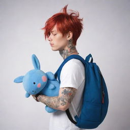 Generate a half-bodied male manga character with red hair covering his eyes, full of tattoos and carrying a blue rabbit-shaped backpack on his back, with his hands in a praying position.