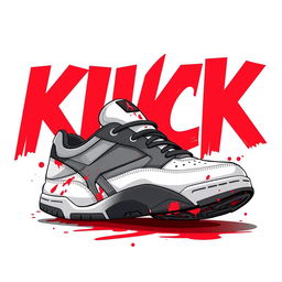 A detailed illustration of a single 2D sneaker design featuring a stylish combination of white, grey, black, and splashes of red resembling blood colors