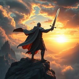 An epic scene featuring a swordsman standing heroically on a rugged cliff, overlooking a vast, mystical landscape