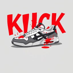 A detailed illustration of a single 2D sneaker design featuring a stylish combination of white, grey, black, and splashes of red resembling blood colors