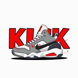 A detailed illustration of a single 2D sneaker design featuring a stylish combination of white, grey, black, and splashes of red resembling blood colors