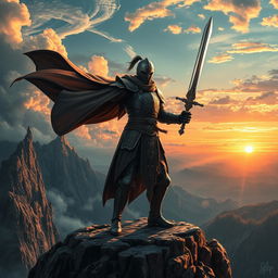 An epic scene featuring a swordsman standing heroically on a rugged cliff, overlooking a vast, mystical landscape