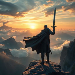 An epic scene featuring a swordsman standing heroically on a rugged cliff, overlooking a vast, mystical landscape