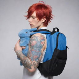 Generate a half-bodied male manga character with red hair covering his eyes, full of tattoos and carrying a blue rabbit-shaped backpack on his back, with his hands in a praying position.