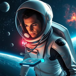 A futuristic doctor wearing a sleek, high-tech spacesuit, equipped with a stethoscope, floating in the vastness of space