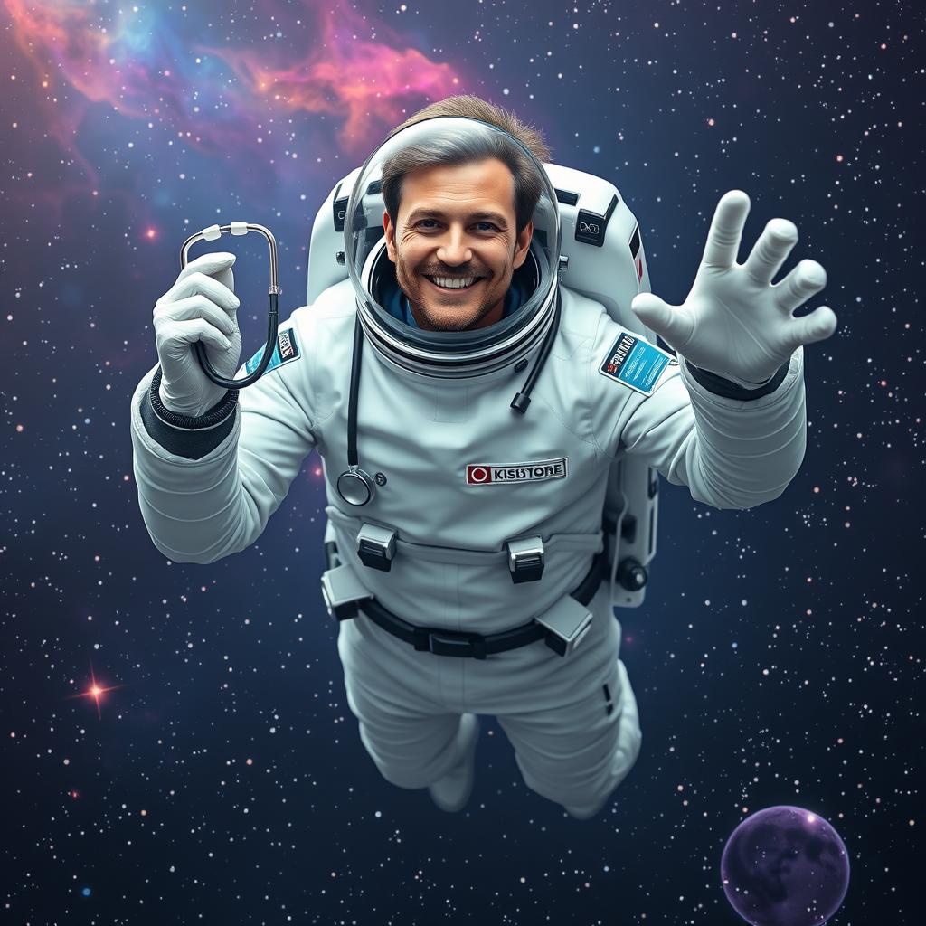 A male doctor floating in outer space, wearing a sleek, modern space suit