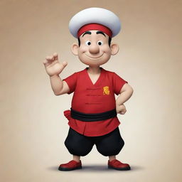 Pilon, a character from the Popeye series, as interpreted by a Chinese cartoon artist. He dons traditional Chinese attire, with a twist of the original style of Popeye series.