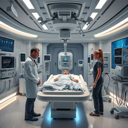 A futuristic intensive care unit filled with advanced medical equipment, featuring high-tech monitors, robotic assistive devices, and intricate life support systems