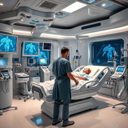 A futuristic intensive care unit filled with advanced medical equipment, featuring high-tech monitors, robotic assistive devices, and intricate life support systems