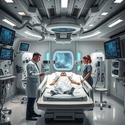 A futuristic intensive care unit filled with advanced medical equipment, featuring high-tech monitors, robotic assistive devices, and intricate life support systems