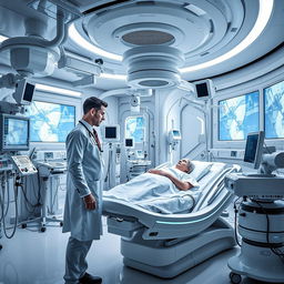 A futuristic intensive care unit filled with advanced medical equipment, featuring high-tech monitors, robotic assistive devices, and intricate life support systems