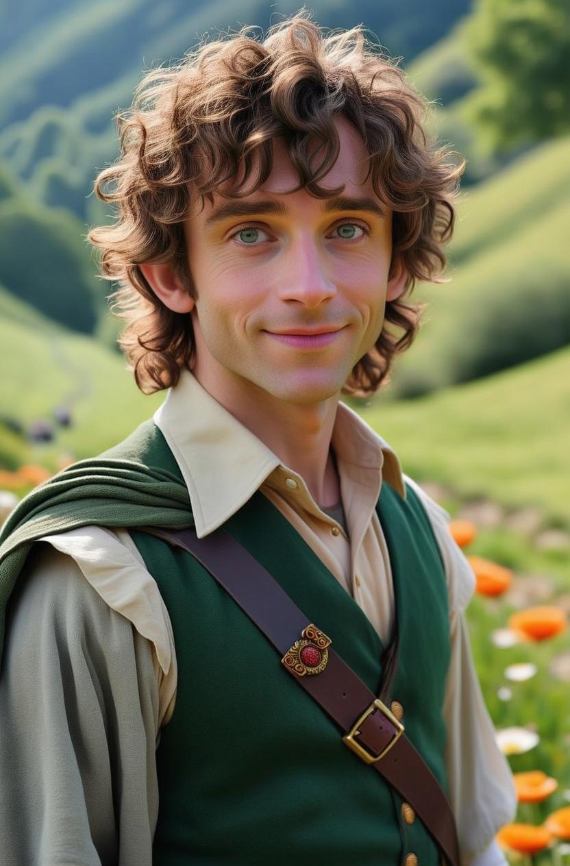 A young male character in a lush, vibrant green landscape, featuring rolling hills and wildflowers