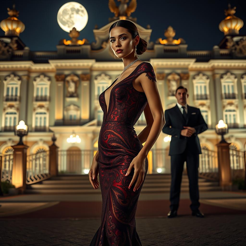 A slender woman dressed in luxurious evening attire, exuding elegance and sophistication, stands confidently in front of a grand palace illuminated by soft, atmospheric lighting at night