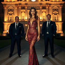 A slender woman dressed in luxurious evening attire, exuding elegance and sophistication, stands confidently in front of a grand palace illuminated by soft, atmospheric lighting at night