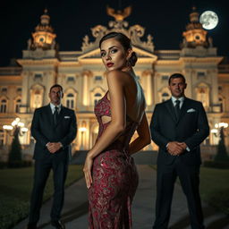 A slender woman dressed in luxurious evening attire, exuding elegance and sophistication, stands confidently in front of a grand palace illuminated by soft, atmospheric lighting at night